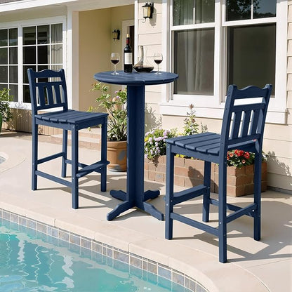 Outdoor Bar Stools Set of 2, HDPE Tall Adirondack Bar Chairs 27.5 Inch Seat Height w/Backrest, All Weather Patio Bar Height Chairs for Bistro Balcony Deck Poolside (Navy Blue)