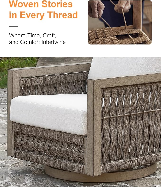 Swivel Patio Chair, Never Rust Aluminum Outdoor Swivel Sofa Chair with Washable Cushions, Rope Weave Patio Sofa Armchair - Photo 7