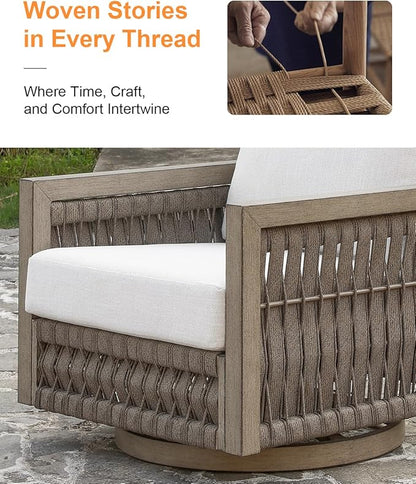 Swivel Patio Chair, Never Rust Aluminum Outdoor Swivel Sofa Chair with Washable Cushions, Rope Weave Patio Sofa Armchair, Deep Seating Outdoor Club Chairs for Garden, Porch, Poolside, Gray Oak