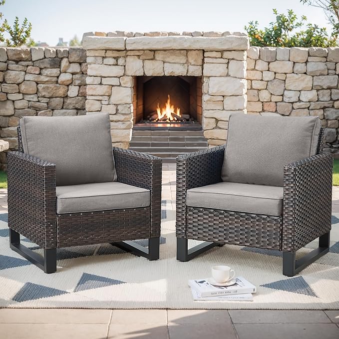 Rilyson Wicker Outdoor Patio Chairs Set of 2-2 Piece Rattan Chairs with Waterproof Wicker,Comfortable Cushions and Sturdy Metal Frame for Outside Porch Deck Backyard(Brown/Grey)
