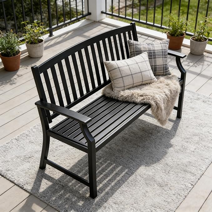 Grand patio 52" Farmhouse Outdoor Bench, Garden Benches with Anti-Rust Aluminum Powder Coated Frame, Faux Wood Grain Finish Frame Patio Bench for Front Porch, Black
