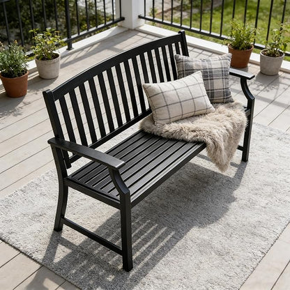 Grand patio 52" Farmhouse Outdoor Bench, Garden Benches with Anti-Rust Aluminum Powder Coated Frame, Faux Wood Grain Finish Frame Patio Bench for Front Porch, Black