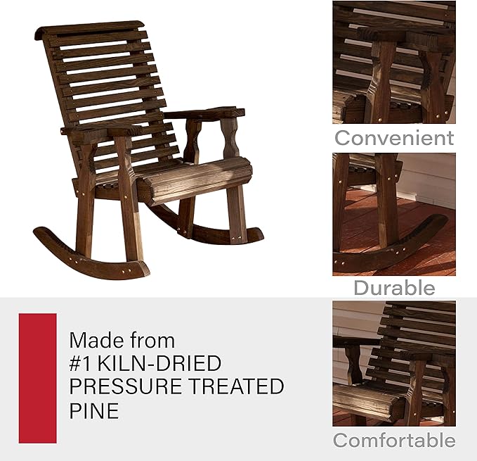 Amish Heavy Duty 600 Lb Roll Back Pressure Treated Rocking Chair with Cupholders (Dark Walnut Stain)