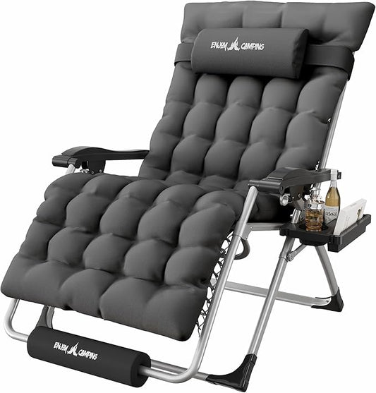 Amopatio Oversized Zero Gravity Padded Chair w/Removable Cushion&Headrest, XXL 33In Reclining Camping Lounge Chair Upgraded Lock and Footrest, Folding Patio Recliner for Indoor Outdoor, Dark Grey