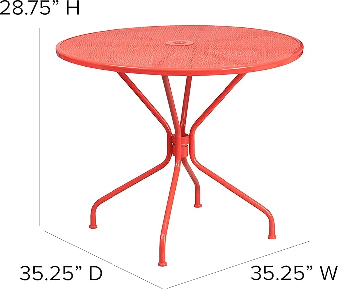 Flash Furniture Oia Commercial Grade 35.25" Round Coral Indoor-Outdoor Steel Patio Table with Umbrella Hole - Photo 3