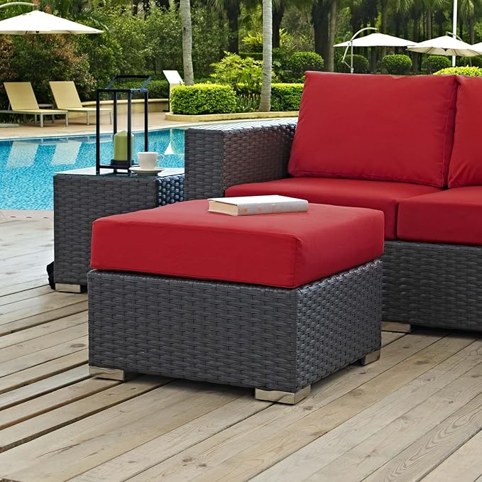 Modway Sojourn Wicker Rattan Outdoor Patio Sunbrella Fabric Ottoman in Canvas Red - Photo 2