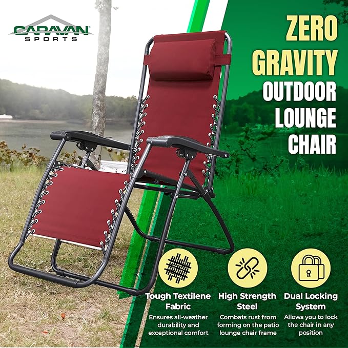 Caravan Sports Zero Gravity Outdoor Portable Folding Camping Lawn Deck Patio Pool Recliner Lounge Chair for Adults, Adjustable Headrest, Burgundy