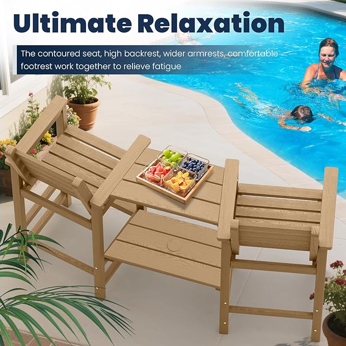 PLUUV Tall Adirondack Chairs Set of 2, All Weather HDPE Poly Bar Height Balcony Adirondack Chair with Removable Double Connecting Trays, Outdoor Adirondack Barstools for Deck, Patio, Yard, Pool, Lawn