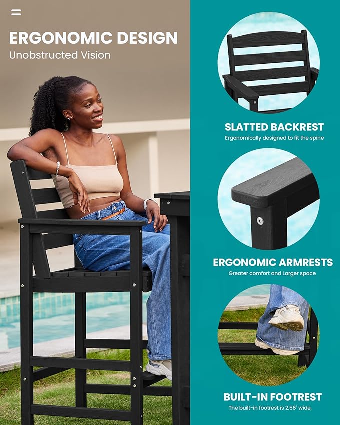 SERWALL Tall Adirondack Chairs Set of 2, Oversize Balcony Adirondack Chairs Set, Outdoor Bar Height Barstools Widened Chair Set for Bistro, Poolside, Garden, Black