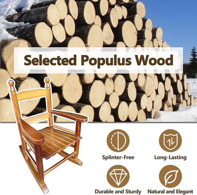 Toddler Rocking Chair for Kids Age 2-5, Hardwood Porch Rocker with Back Support & Armrest for Small Spaces Living Room Outdoor Garden, Easy Assembly (Oak)