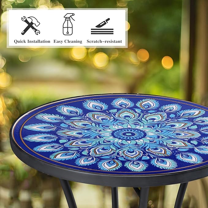 Vipush Mosaic Outdoor Side Table, 14" Round Folding Plant Stand for Patio Garden Backyard Balcony Porch Indoor Accent End Table for Living Room, Ceramic Tabletop with Black Iron, Blue Feather