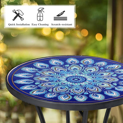 Vipush Mosaic Outdoor Side Table, 14" Round Folding Plant Stand for Patio Garden Backyard Balcony Porch Indoor Accent End Table for Living Room, Ceramic Tabletop with Black Iron, Blue Feather
