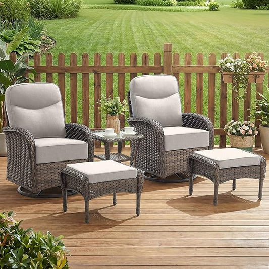 Outdoor Ottomans Patio Footrest Set of 2 - High Back Comfortable Brown Wicker Rattan Steel Frame Footstool Additional Bench Side Table for Porch Balcony Deck Garden Poolside - Beige