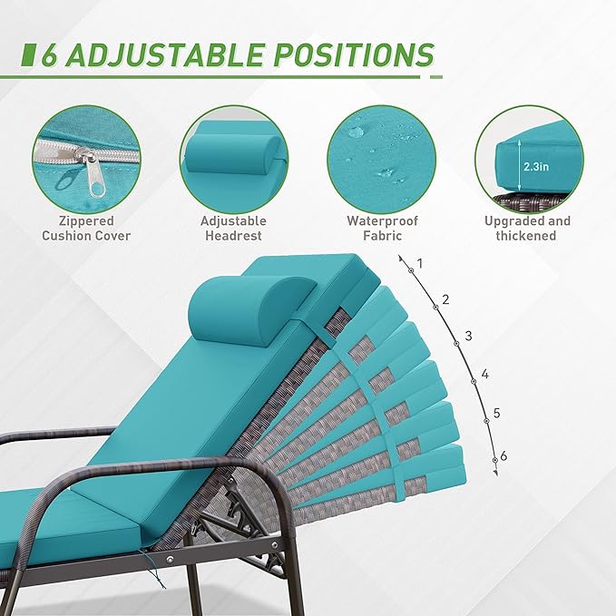 Kurapika Patio Chaise Lounge Set 3 Pieces Outdoor Lounge Chair, Rattan Reclining Chair Adjustable Backrest, Pool Sunbathing Recliners with Folding Table for Poolside Beach, Blue