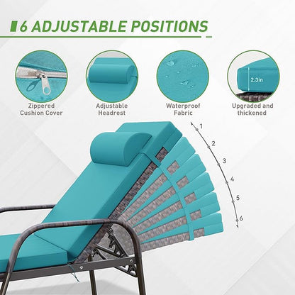 Kurapika Patio Chaise Lounge Set 3 Pieces Outdoor Lounge Chair, Rattan Reclining Chair Adjustable Backrest, Pool Sunbathing Recliners with Folding Table for Poolside Beach, Blue