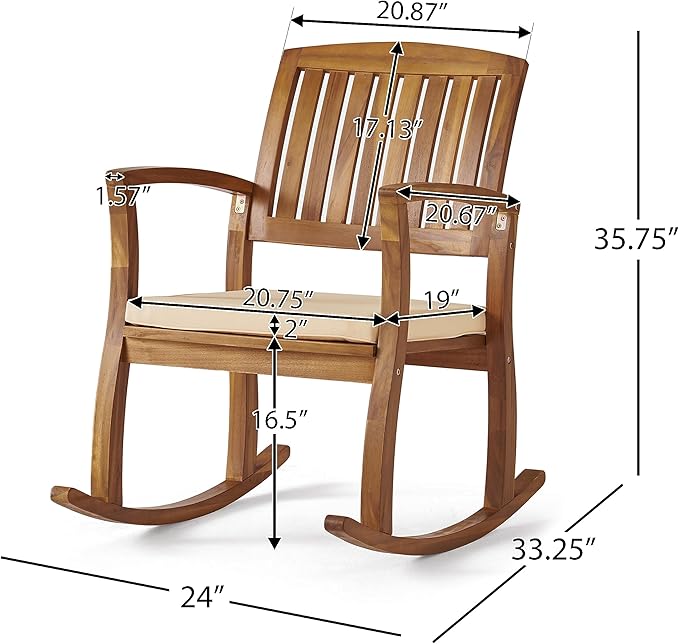 Acacia Wood Patio Outdoor Rocking Chair with Cushions for Garden, Lawn, Backyard, Pool - Photo 2