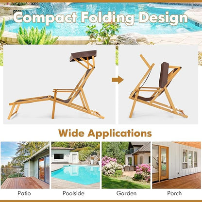 Giantex Lounge Chair Outdoor, Foldable Beach Chaise Lounge with Adjustable Canopy, Replacement Fabric, Wood Frame, Reclining Backrest & Footrest, Camping Chair for Patio, Poolside, Beach (1, Brown)