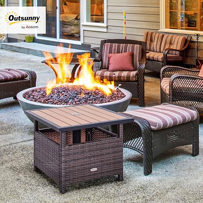 Outsunny 22" Outdoor Side Table with Umbrella Hole, Rattan Wicker End Table with Sand Bag and Steel Frame for Outdoor, Patio, Garden, Backyard, Brown & Light Yellow