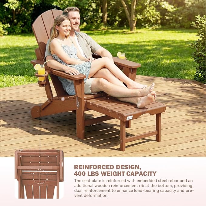 Mdeam Folding Adirondack Chair with 3-Level Adjustable Backrest, Weather-Resistant, 2 Cup Holders, Retractable Ottoman, Perfect for Patio, Garden, Backyard, Lawn, and Outdoor Use (Teak)