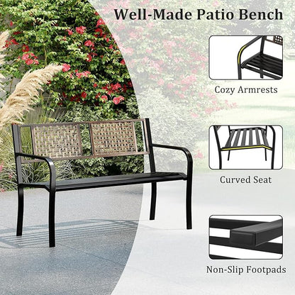 Tangkula 50” Outdoor Metal Park Bench, Outdoor Garden Bench for 2-3 People with Rattan-Like Backrest & Curved Armrests, Heavy-Duty Patio Modern Slatted Seating for Backyard, Poolside, Porch