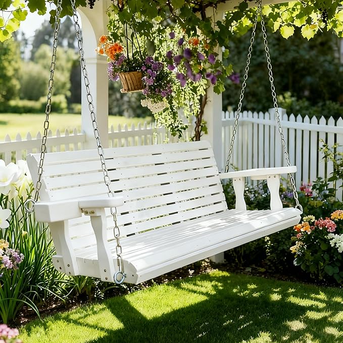 Wooden Porch Swing 3-Seater, High Backrest and Deep Seat, Bench Swing with Cupholders, Hanging Chains and 7mm Springs - Photo 2