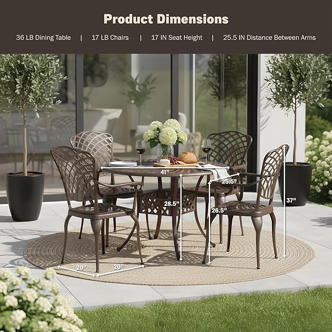 Kinger Home Arden 5-Piece Outdoor Dining Set for 4, Cast Aluminum Patio Furniture, Round Table with Chairs - Photo 7