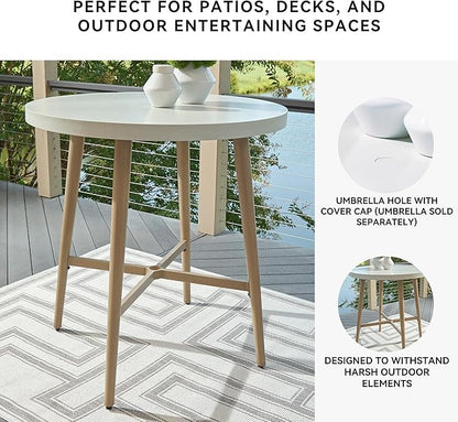Signature Design by Ashley Seton Creek Casual Outdoor Bar Table with Umbrella Hole, Beige & White