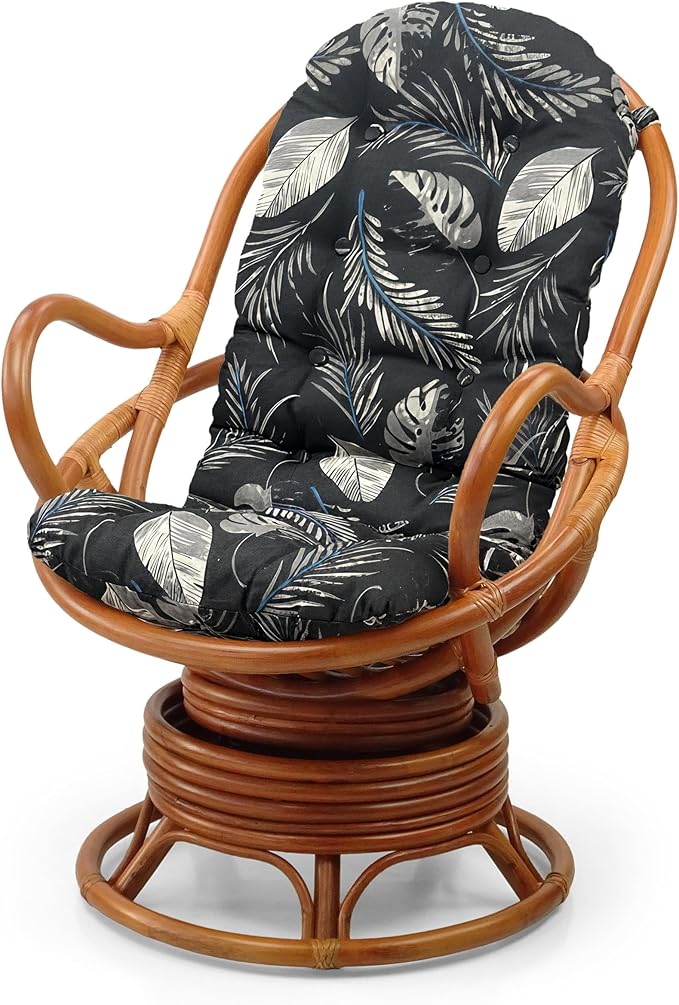 Wickerix Java Lounge Swivel Rocking Chair with Light Brown Cushion Natural Rattan Wicker Handmade, Colonial Color