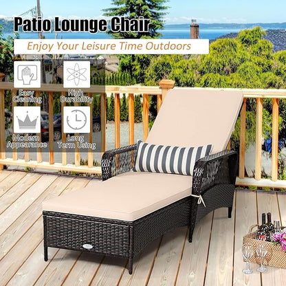 Tangkula Wicker Chaise Lounge Outdoor, Patio Rattan Reclining Chaise with 6-Gear Adjustable Backrest, Thick Padded Cushion & Removable Lumbar Pillow, Pool Lounge Chairs for Outside Balcony Backyard
