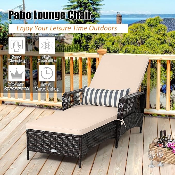 Tangkula Wicker Chaise Lounge Outdoor Set of 2, Patio Rattan Reclining Chaise with 6-Gear Adjustable Backrest, Thick Padded Cushion & Removable Lumbar Pillow, Pool Lounge Chairs for Outside Balcony