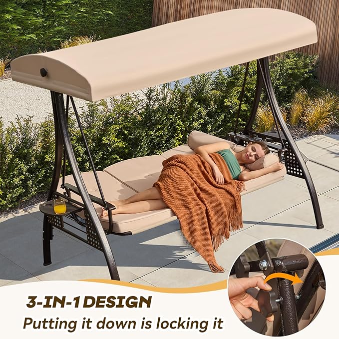 3 in 1 Outdoor Porch Swing with Adjustable Canopy, 3 Seat Outdoor Swing for Adults - Photo 4