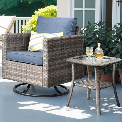 ovios Outdoor Side Table with Tempered Glass Top, Patio Wicker Rattan Bistro Coffee Tables with 2 Tiers Storage for Porch Deck Balcony Garden Poolside, Light Grey