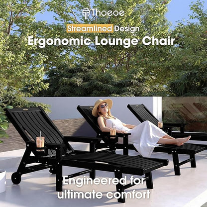 THOEOE Patio Chaise Lounge Chair Set of 2, Oversized Lounge Chair Outdoor with 5 Positions, HDPE, Patio Lounge Chair with Wheels & Cup Holder for Pool, Deck, Poolside,Black
