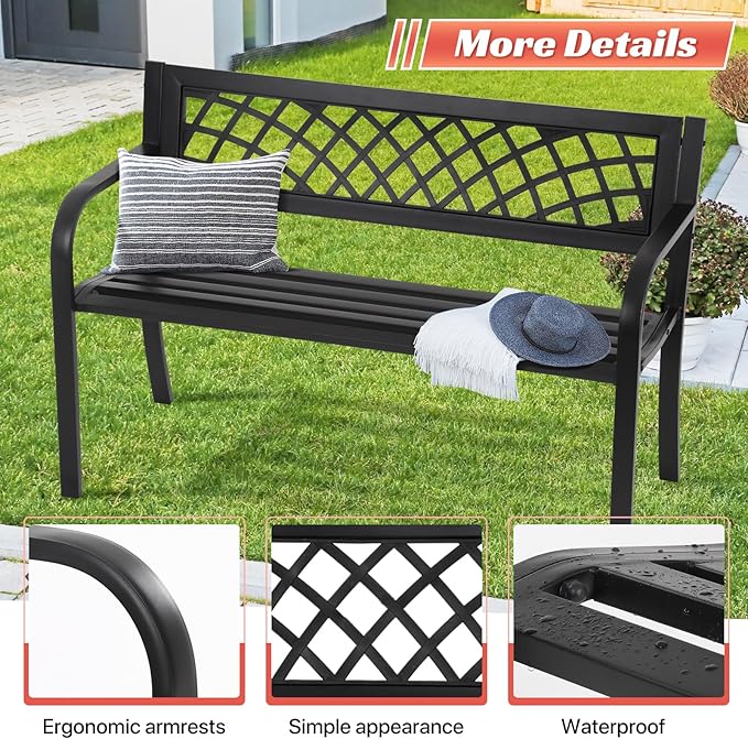 Garden Bench Patio Bench Outdoor Park Bench Metal Outside Porch Chair Seat Cast Iron Steel Frame Sturdy Bench Patio Furniture for Yard Porch Entryway Lawn Decor Deck, Black, 46 in