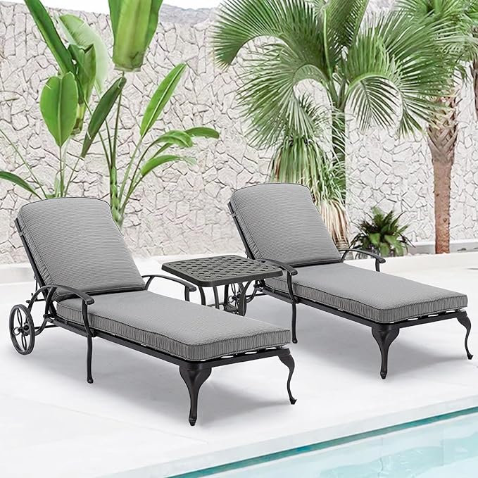 HOMEFUN Chaise Lounge Chair Outdoor - Poolside Chairs Set of 2 with Cushion and 1 Patio Side Table Cast Aluminum Waterproof Lounger with Wheels and Adjustable Reclining (Gray Cushion)