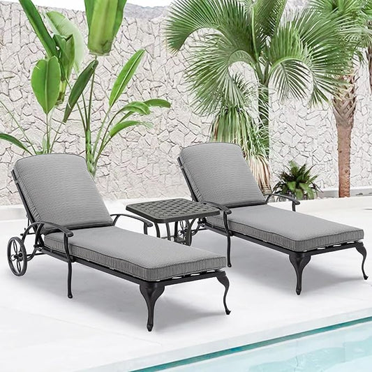 HOMEFUN Chaise Lounge Chair Outdoor - Poolside Chairs Set of 2 with Cushion and 1 Patio Side Table Cast Aluminum Waterproof Lounger with Wheels and Adjustable Reclining (Gray Cushion)