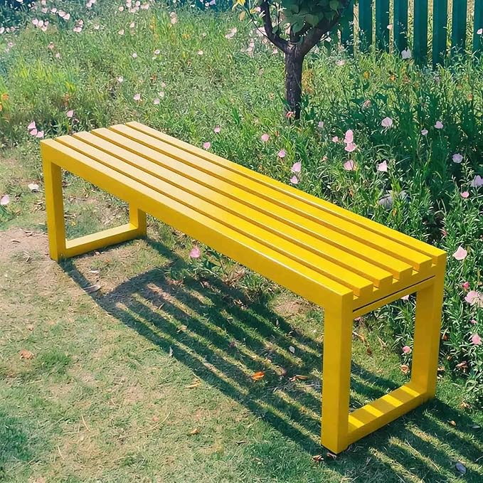 Outdoor Metal Backless Bench 3.3/3.9/4.9/5.9ft Weatherproof Heavy Duty Patio Benches Porch Seating 2-Person Dining Benches Garden Metal Bench Multifunctional Slat Furniture Chair(Yellow,4.9ft)
