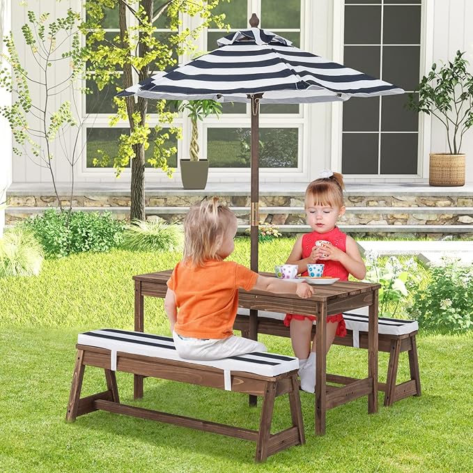 HONEY JOY Kids Picnic Table, Outdoor Wooden Table & Bench Set w/Removable Cushions and Umbrella, Stripe Fabric - Photo 7