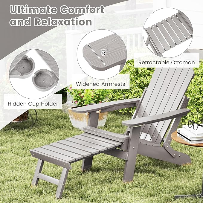 Giantex Folding Adirondack Chair, All-Weather Lounge Chair with Adjustable Backrest, Retractable Ottoman, Cup Holder, HIPS Fire Pit Chair for Lawn, Pool, Patio, Porch (1, Gray)