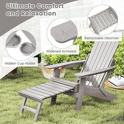 Giantex Folding Adirondack Chair, All-Weather Lounge Chair with Adjustable Backrest, Retractable Ottoman, Cup Holder, HIPS Fire Pit Chair for Lawn, Pool, Patio, Porch (1, Gray)