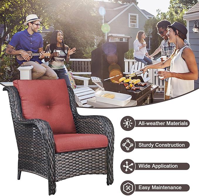 HUMMUH Outdoor Furniture 5 Pieces Patio Furniture Set Wicker Outdoor Sectional Sofa with 2 Patio Chairs,Ottomans(Brown/Red)