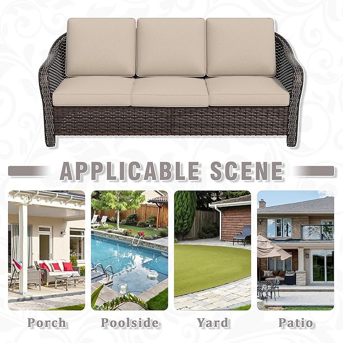 77 inch Outdoor Wicker 3 Seater Sofa, All-Weather Use Patio Rattan Sofa with Seat and Back Cushion, Ideal for Porch, Backyard, Balcony, Poolside, Beige
