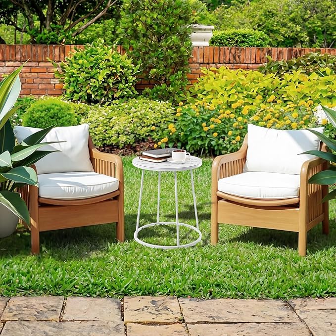 Outdoor Side Table with Flower Cut Outs 14" Weather Resistant Metal Patio Side Tables Small Plant Stand Round Outdoor End Table for Patio Outside Porch Balconies Garden(White,Fashion)