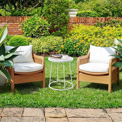 Outdoor Side Table with Flower Cut Outs 14" Weather Resistant Metal Patio Side Tables Small Plant Stand Round Outdoor End Table for Patio Outside Porch Balconies Garden(White,Fashion)