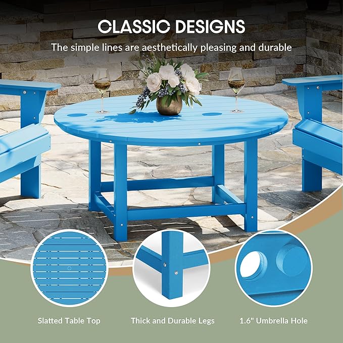 WestinTrends Dylan 5-Piece Outdoor Patio HDPE Adirondack Chair with Round Coffee Table Conversation Set, Pacific Blue
