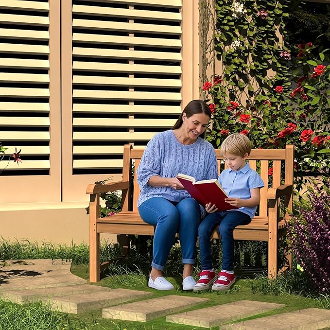 Teak Wood Outdoor Bench Set of 2, Weatherproof Garden Benches for Yard or Porch, 2-Person Park Bench with Ergonomic Patio Seating, Durable Teak Construction for Lawn, Backyard, or Poolside
