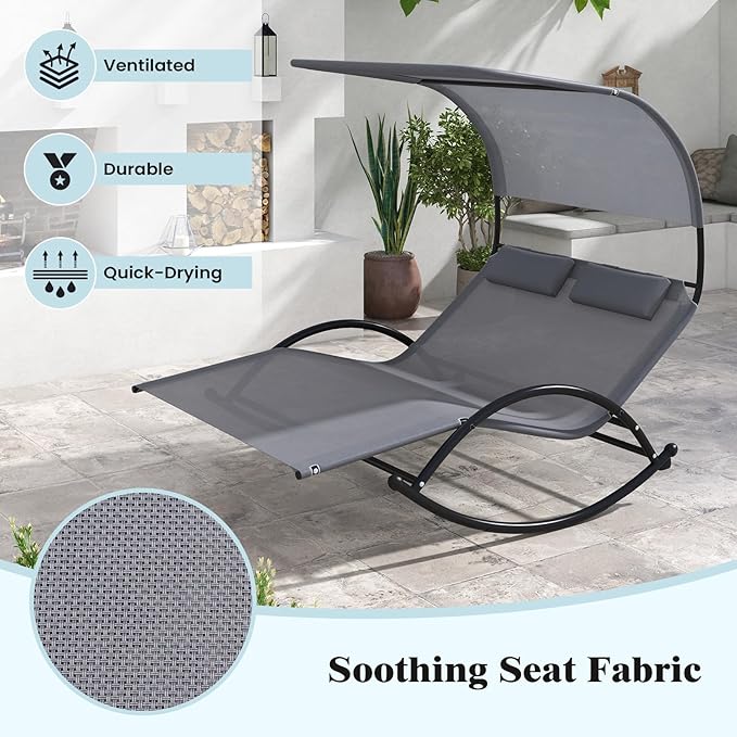 Tangkula 2 Person Lounge Chair with Canopy, Outdoor Chaise Lounge with 2 Detachable Pillows, Sturdy Metal Frame, Extra Large Double Patio Hammock Sunbed Swing for Backyard, Poolside (Gray)