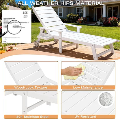 Outdoor Chaise Lounge Chair with Wheels, 6.3ft Full-Length Patio Pool Lounge Chairs,5-Position Adjustable Backrest (Flat Recline), Flip-Down Side Tray,HIPS All-Weather for Poolside, Deck,Beach