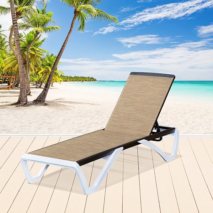 Domi Chaise Lounge Outdoor, Patio Lounge Chair with Aluminum Frame, All Weather Pool Lounge Chair for Deck Lawn Backyard, Brown Textilene