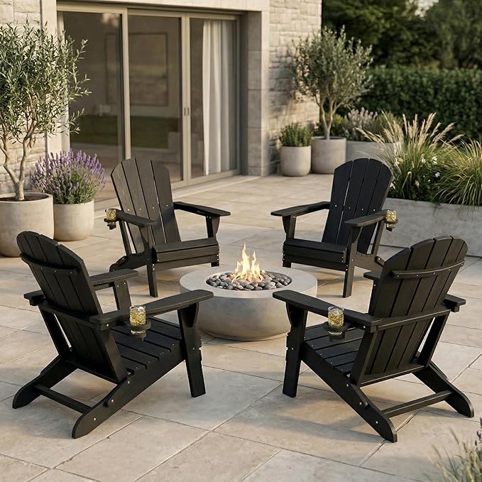 Kingdura Folding Adirondack Chairs Set of 4, Portable HDPE Outdoor Patio Chair with Wooden Textured & Cup Holder, All Weather Resistant, 380LBS Capacity for Pool, Backyard, Balcony, Fire Pit (Black)